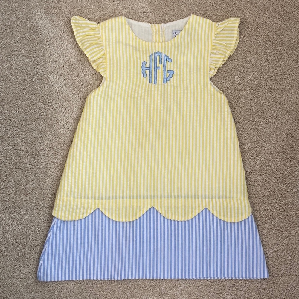 Smockingbird seersucker dress with HFG monogram